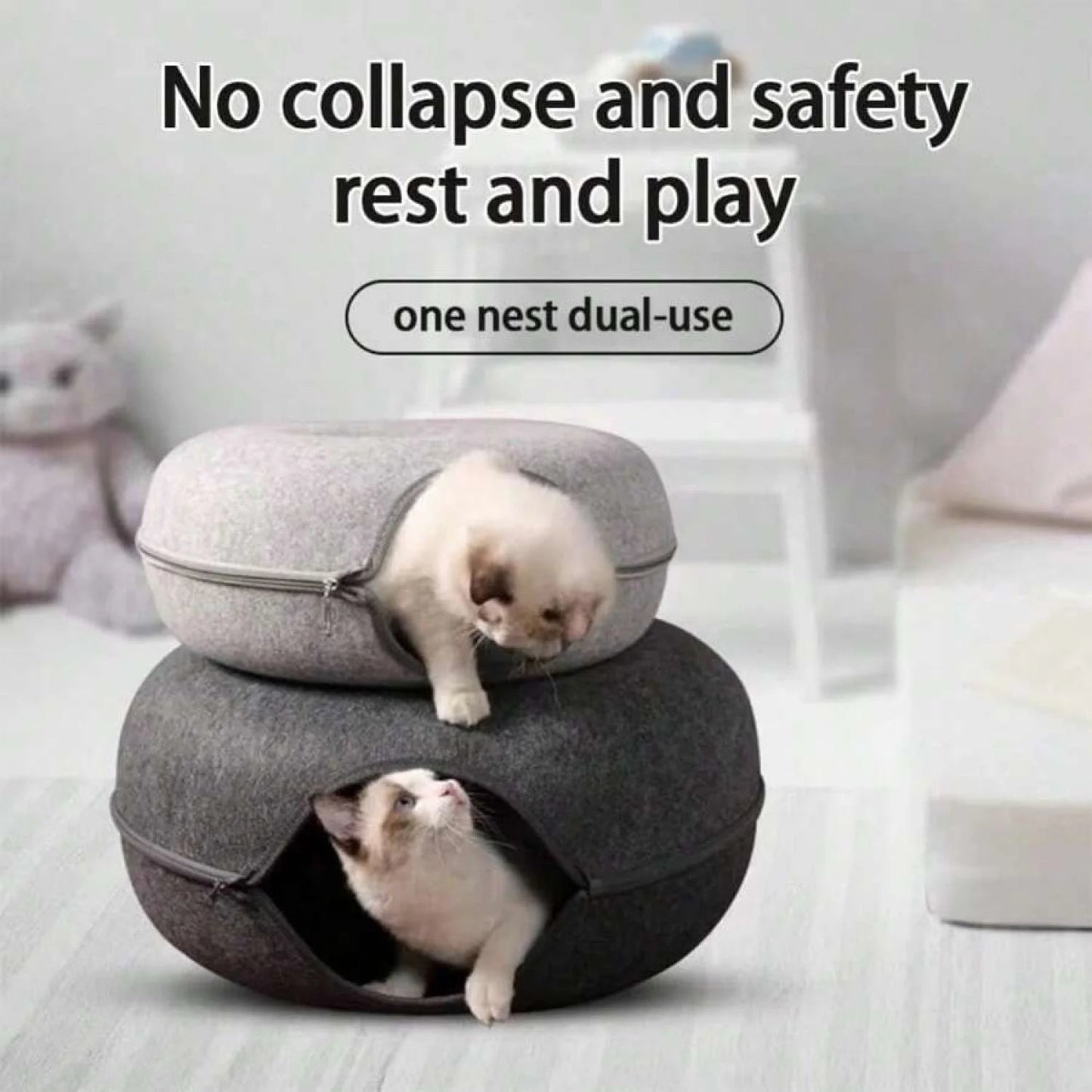 Cat Cave for Indoor Cats - Large Donut Cat Tunnel Bed with Peekaboo Design & 3 Toys (Gray) - Sellaxy