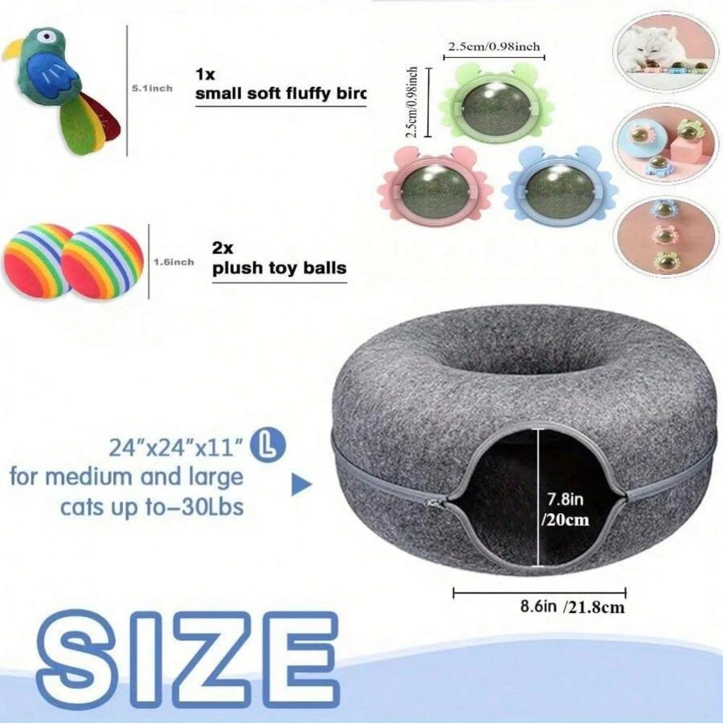 Cat Cave for Indoor Cats - Large Donut Cat Tunnel Bed with Peekaboo Design & 3 Toys (Gray) - Sellaxy