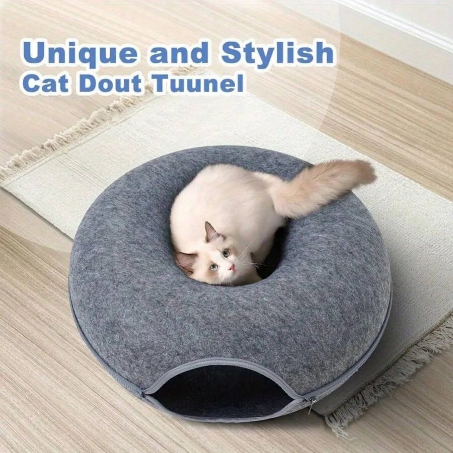 Cat Cave for Indoor Cats - Large Donut Cat Tunnel Bed with Peekaboo Design & 3 Toys (Gray) - Sellaxy