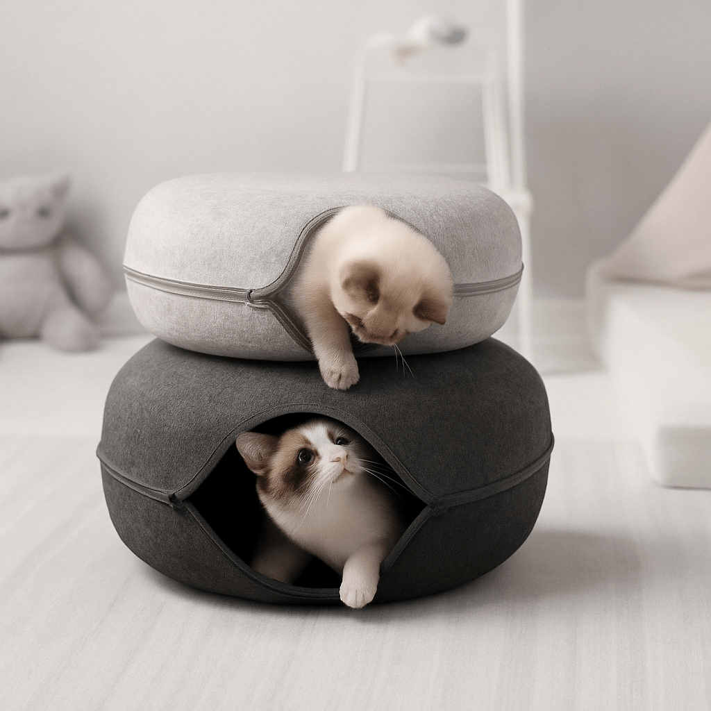 Cat Cave for Indoor Cats - Large Donut Cat Tunnel Bed with Peekaboo Design & 3 Toys (Gray) - Sellaxy