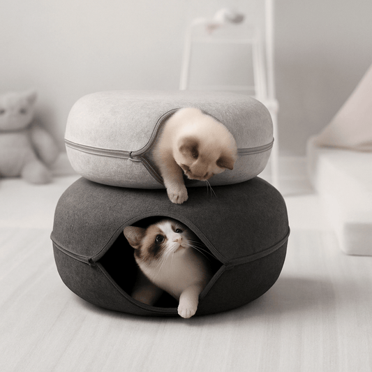 Cat Cave for Indoor Cats - Large Donut Cat Tunnel Bed with Peekaboo Design & 3 Toys (Gray) - Sellaxy