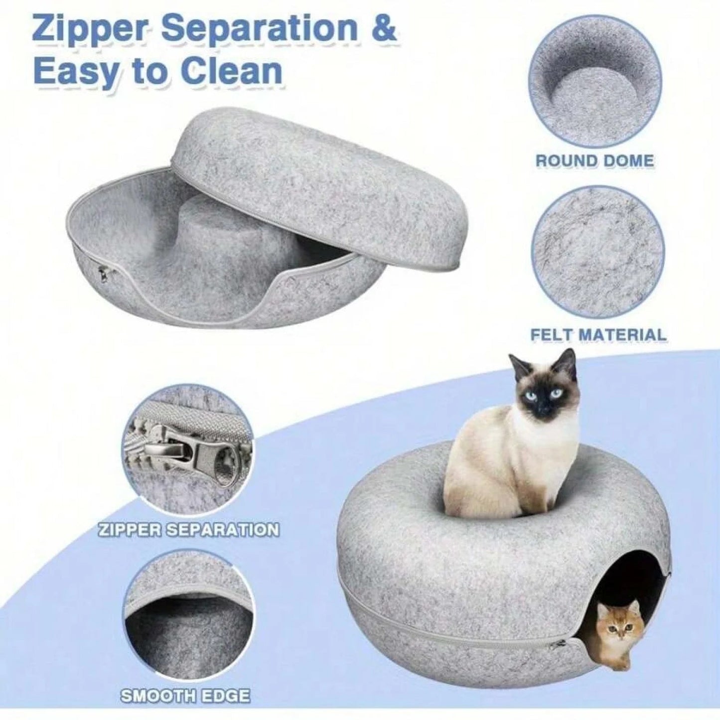 Cat Cave for Indoor Cats - Large Donut Cat Tunnel Bed with Peekaboo Design & 3 Toys (Gray) - Sellaxy