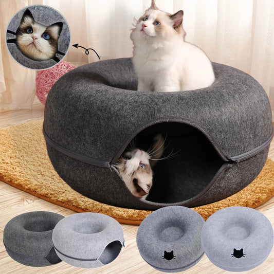 Felt Donut Cat Bed with Tunnel – 2 - in - 1 Hideaway Cave, Cozy House with Breather Hole for Cats & Small Pets - Sellaxy